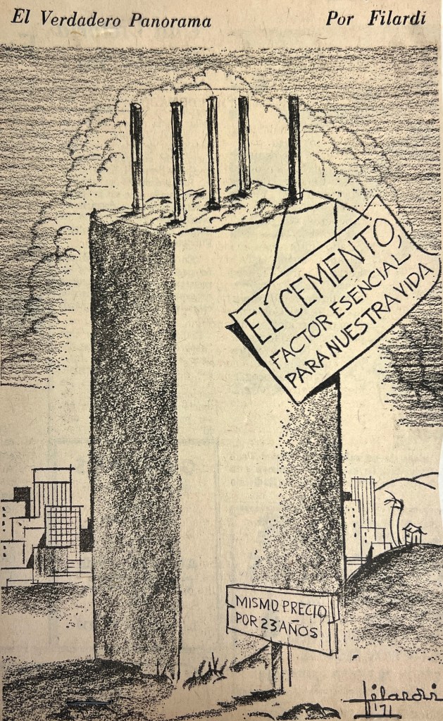 Newspaper cartoon with a concrete column holding a sign in Spanish that read "Cement, essential factor for our lives."